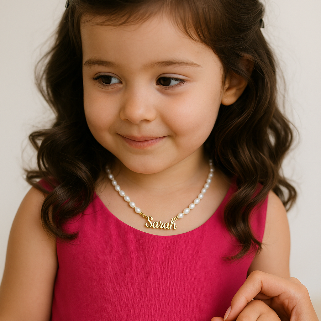 Young girl in a pink dress with a pearl necklace and name tag, holding an adult's hand.